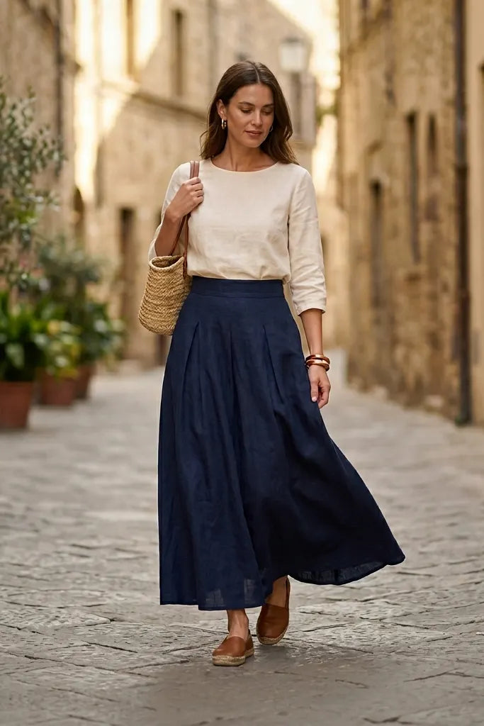 Handmade Navy Blue Linen Maxi Skirt – High Waist with Pockets 1046