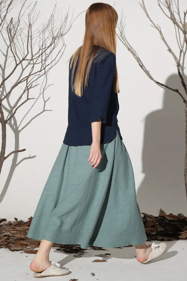 Light Green Linen Skirt – Elastic Waist Maxi Skirt with Front Buttons 