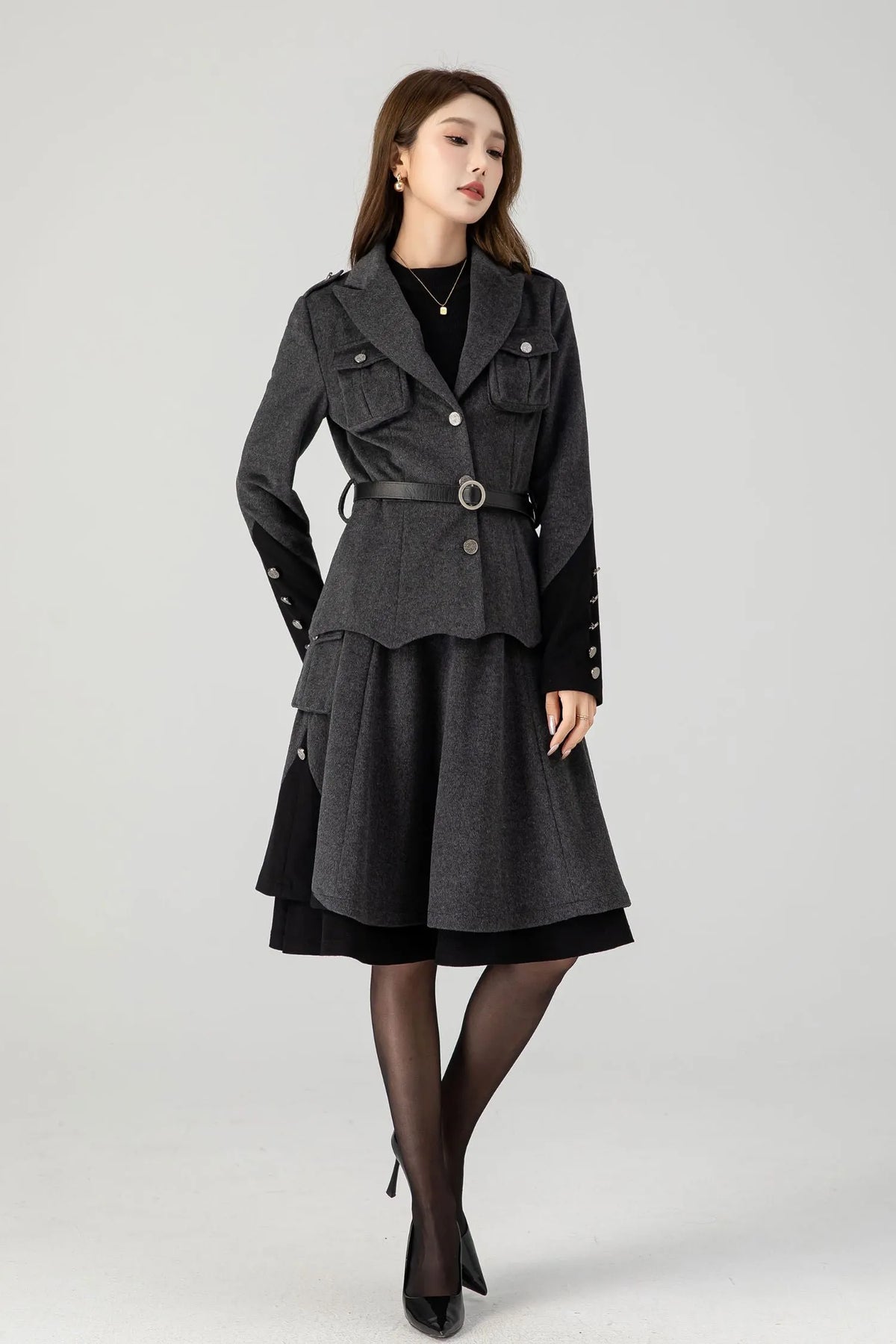 Gray Wool Military Short Coat - Relaxed Fit, Button-Flap Pockets 4605