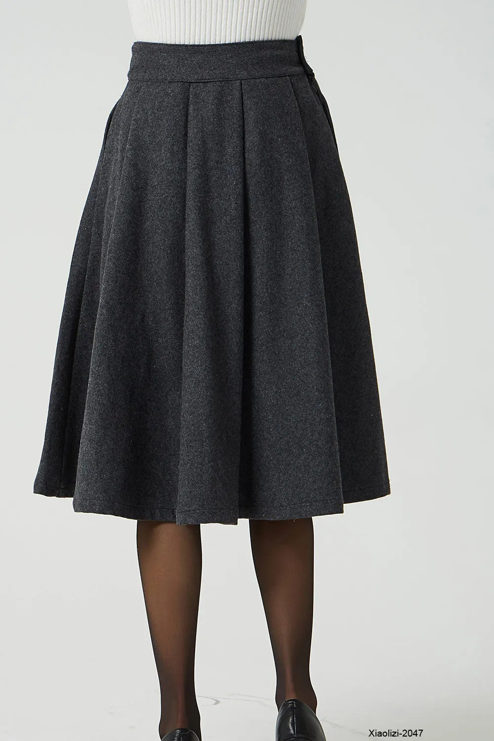 Handmade Wool Pleated Skirt – Dark Gray High Waist Knee Length 