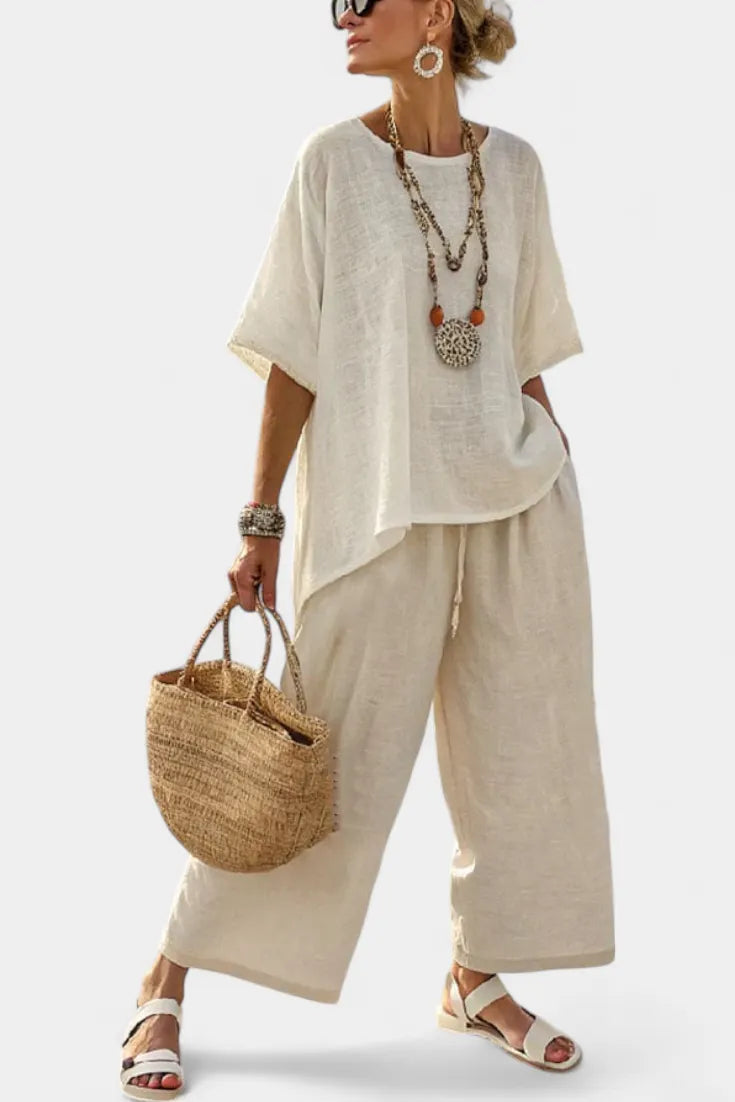 Drevon | Comfortable Minimalist Raw Blouse & Wide-Leg Pants