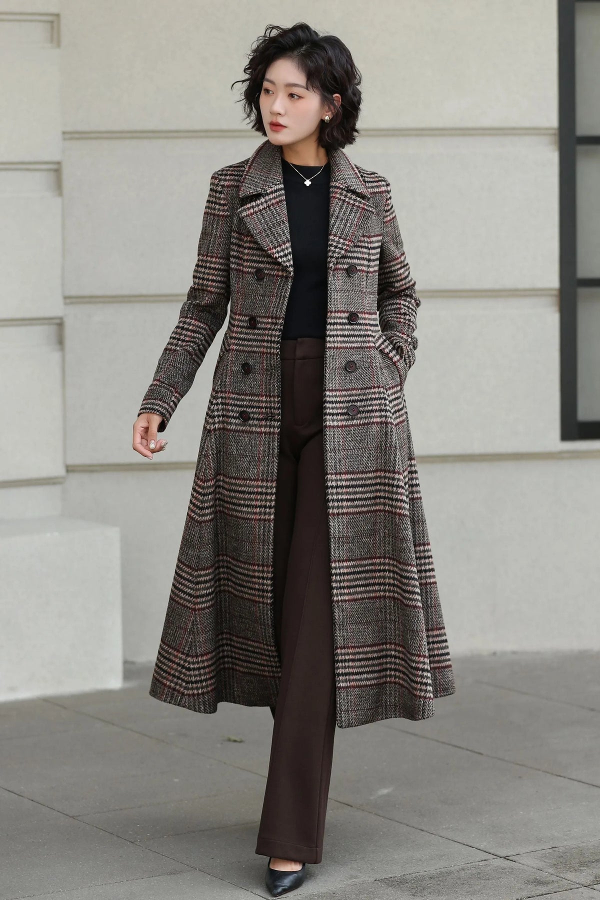 Plaid Wool Coat - Vintage Inspired Fit and Flare Long Double Breasted 6529
