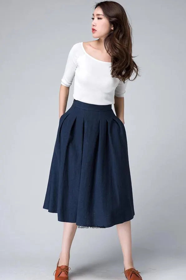 Elegant Navy Linen Midi Skirt – High-Waisted A-Line with Side Zipper 