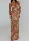 Floral Sequin Halter Gown - Backless Slim-Fit Lady-like Maxi Dress