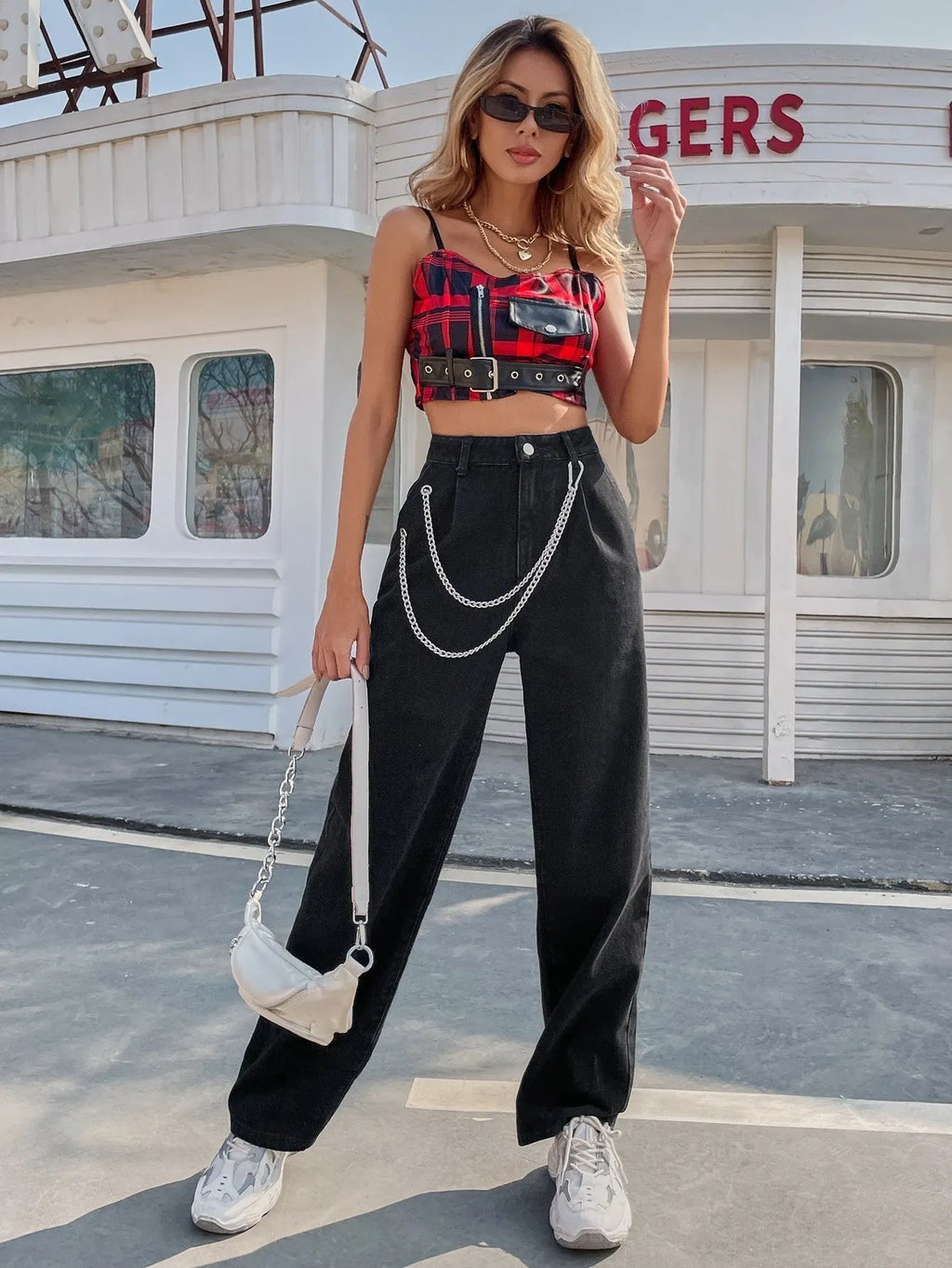 KittenAlarm - High Waist Chain Strap Straight Jeans