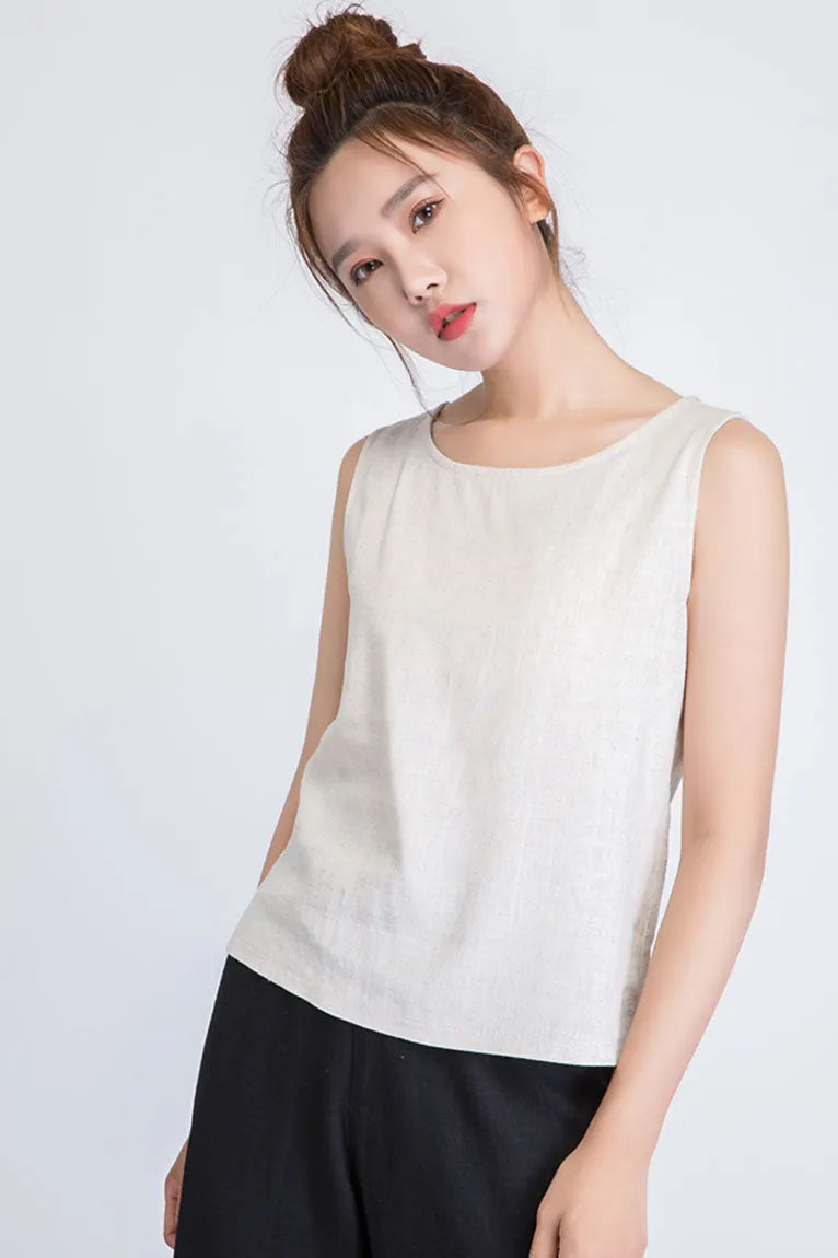 Beige Linen Blend Tank Top - Scoop Neck, Loose Fit 1945
