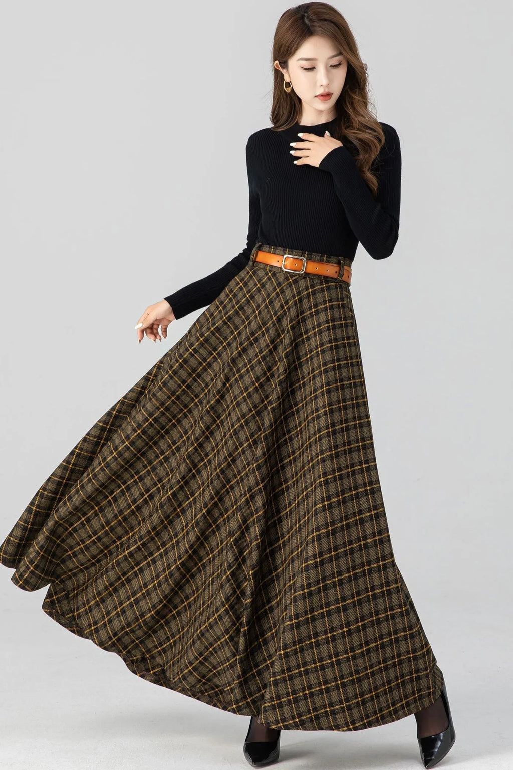 Handmade Brown Plaid Wool Maxi Skirt – High Waist Pleated Winter Long Skirt 