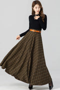 Handmade Brown Plaid Wool Maxi Skirt – High Waist Pleated Winter Long Skirt 