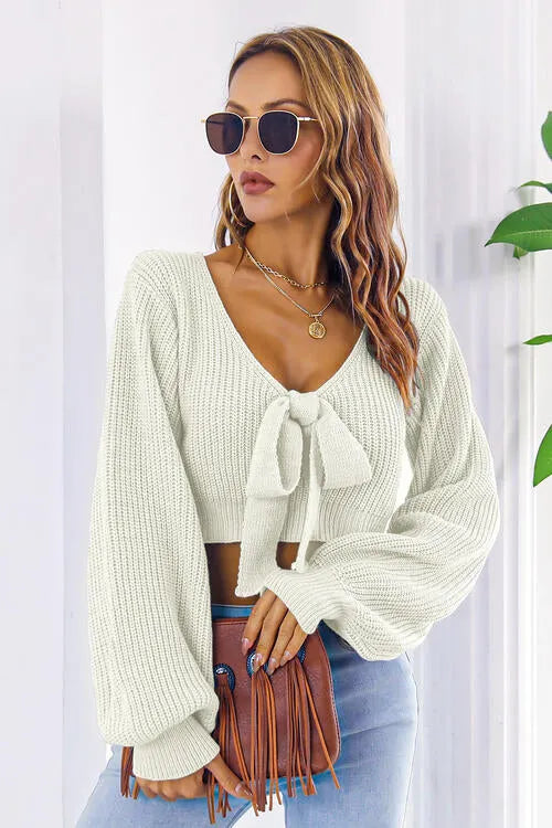 Long Cropped V-Neck Arm Sweater