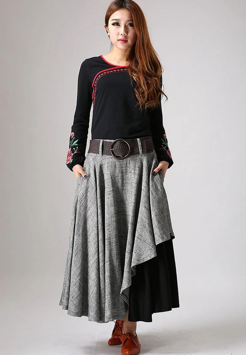 Gray Linen Maxi Skirt - Layered Pleated A-Line with Hip Pockets 868
