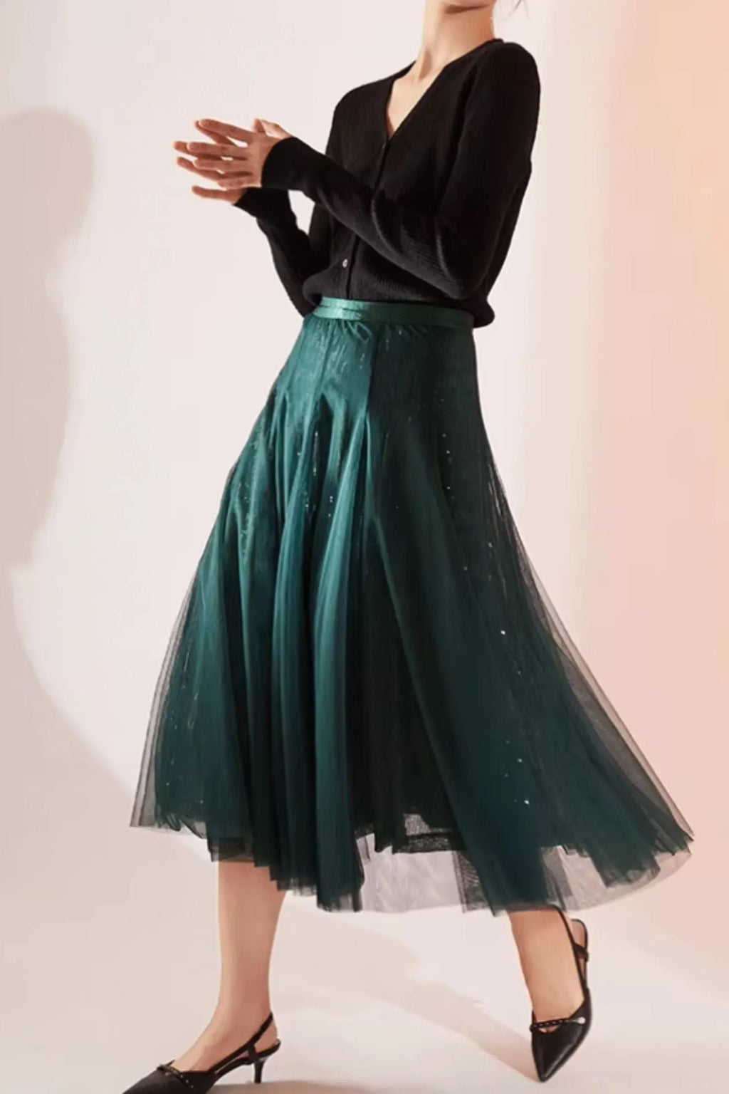 Black Wool A-Line Midi Lace Skirt - Elegant Elastic Waist 5585