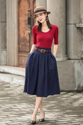 Navy Linen-Cotton A-Line Midi Skirt - Pleated High Waist with Pockets 2776