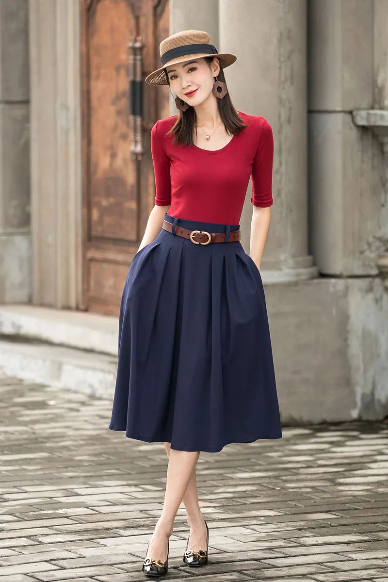 Navy Linen-Cotton A-Line Midi Skirt - Pleated High Waist with Pockets 2776