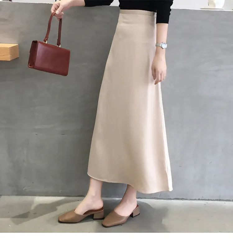 KittenAlarm - High Waist Glossy Long Satin Office Skirts