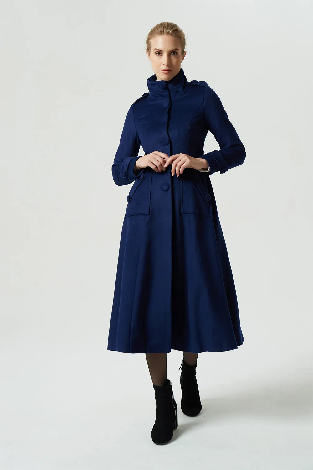 Vintage Wool Coat for Women – Handmade Navy Military Style Long Winter Coat 