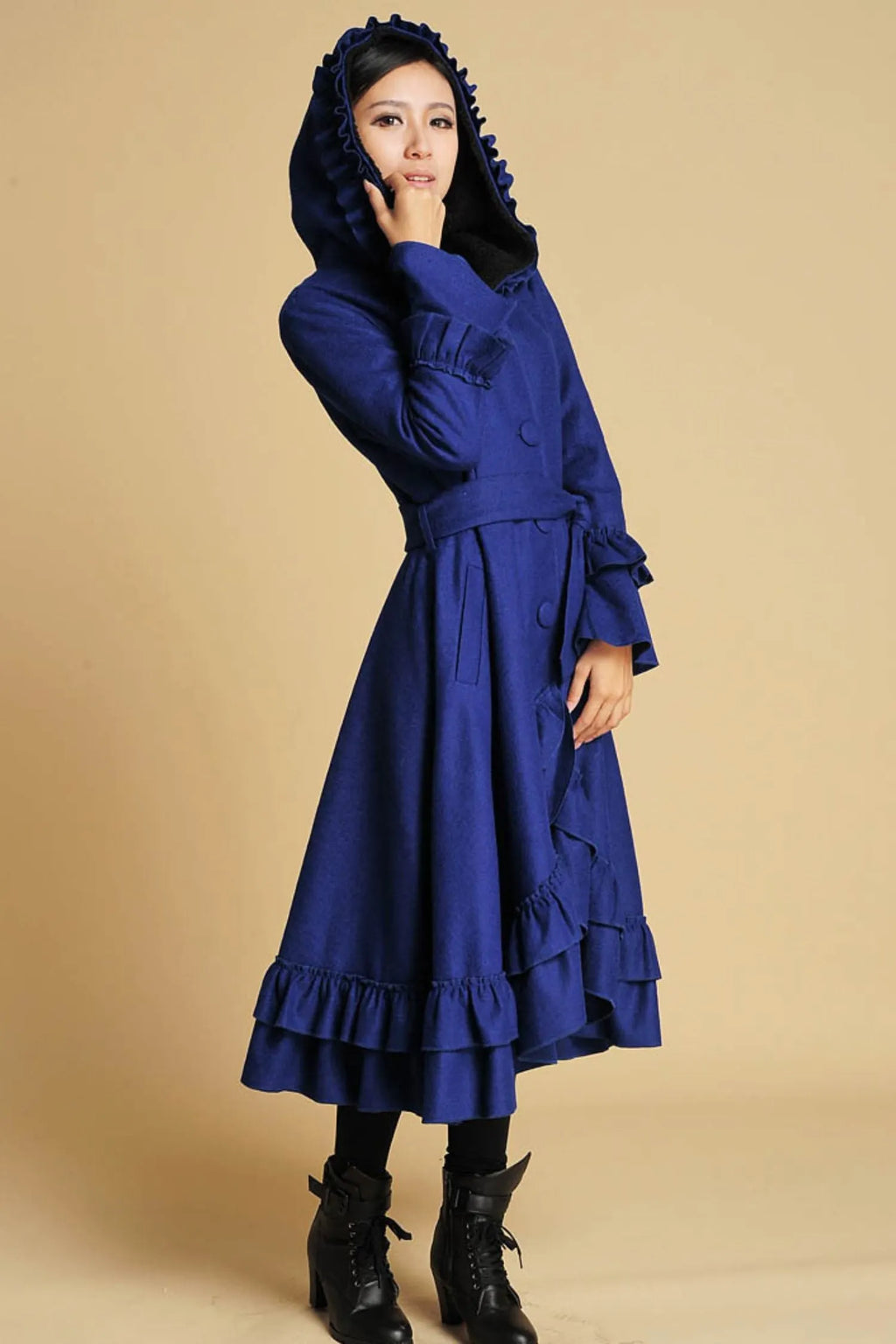 Royal Blue Wool Maxi Coat – Hooded Winter Overcoat with Ruffle Hem 380