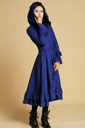 Royal Blue Wool Maxi Coat – Hooded Winter Overcoat with Ruffle Hem 380