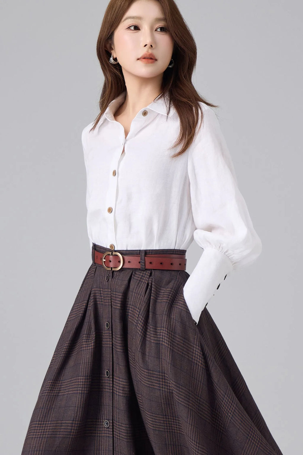 White Linen Cotton Shirt for Women – Puff Sleeve Vintage Inspired Button Blouse 