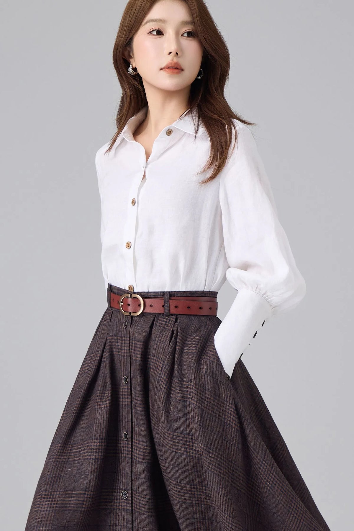 White Linen Cotton Shirt for Women – Puff Sleeve Vintage Inspired Button Blouse 