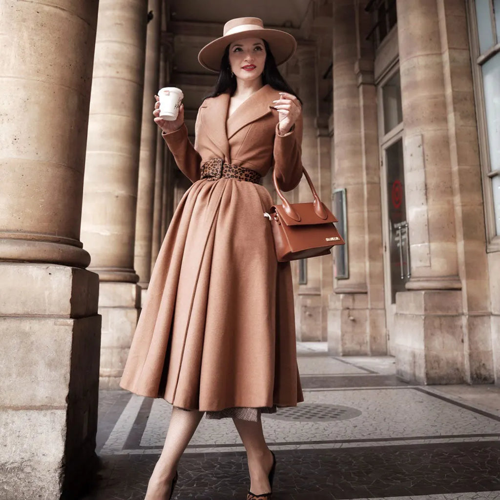 Elegant Camel Wool Blend Coat – Handmade Fit & Flare Midi Winter Coat 
