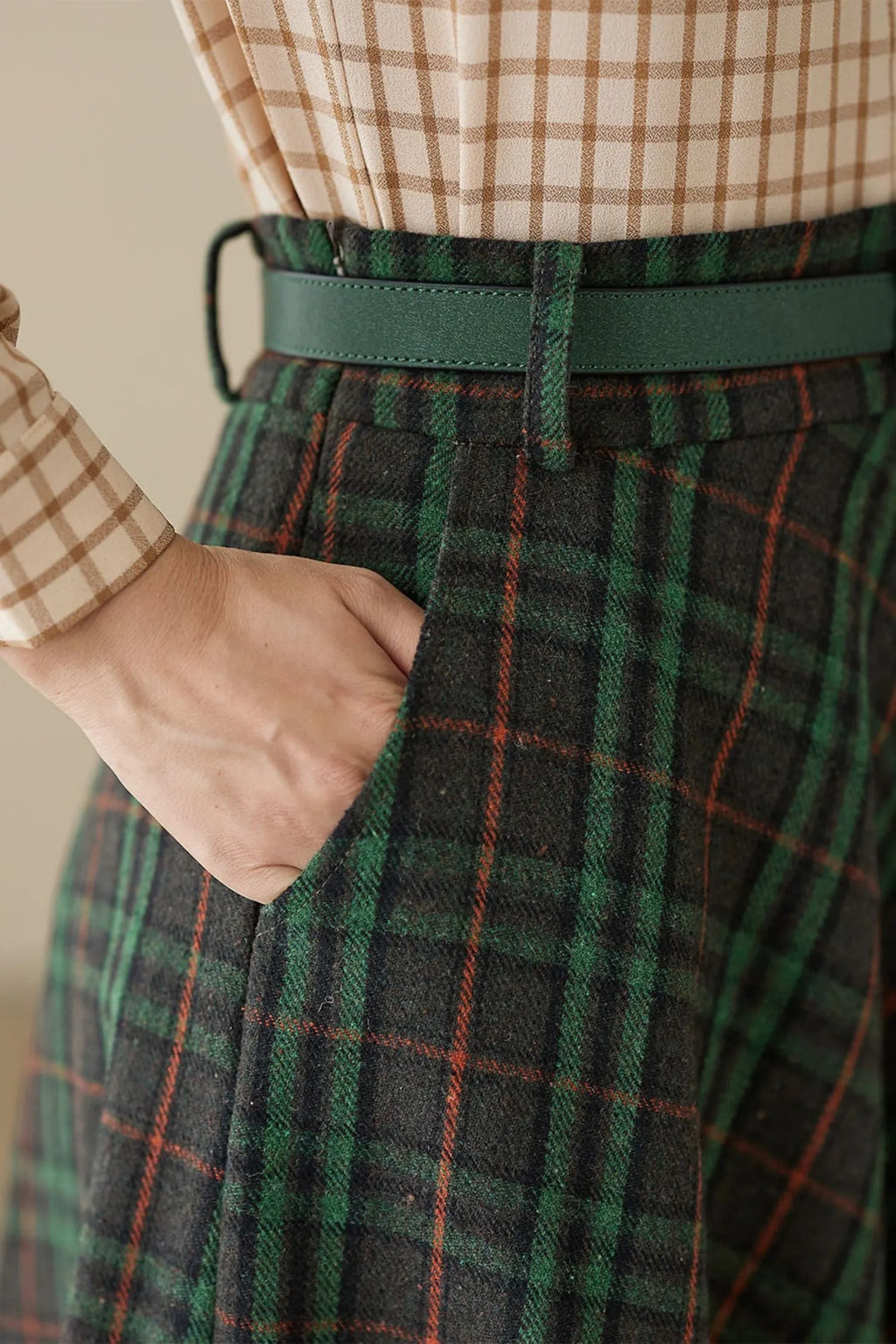 Green Plaid Wool Maxi Skirt – Vintage High Waist Ankle Length Winter Skirt with Pockets 4624