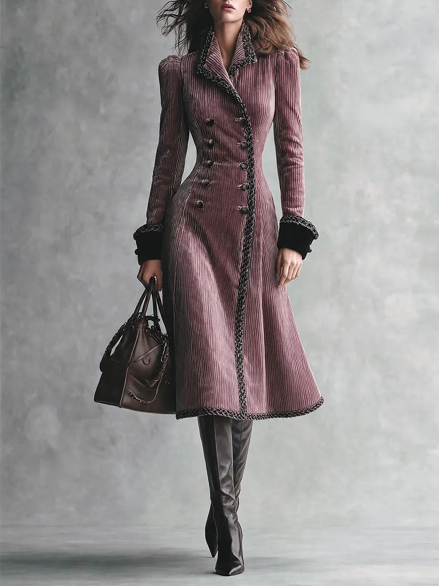 Retro Corduroy Double-Breasted Long Coat with Chain Trim