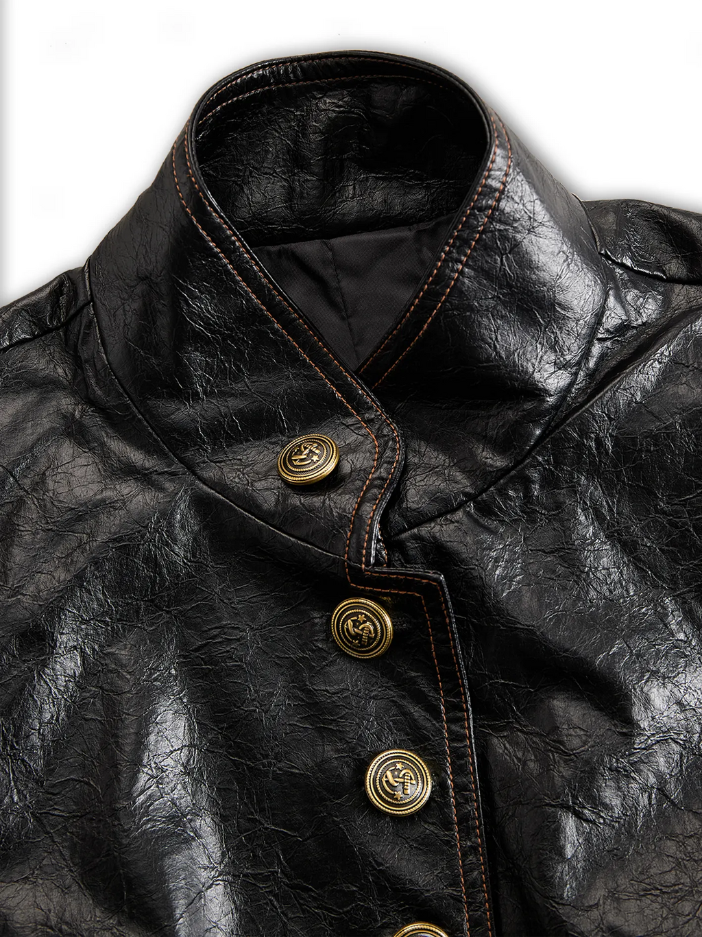 Retro Stand Collar Metal Button Pu Jacket
