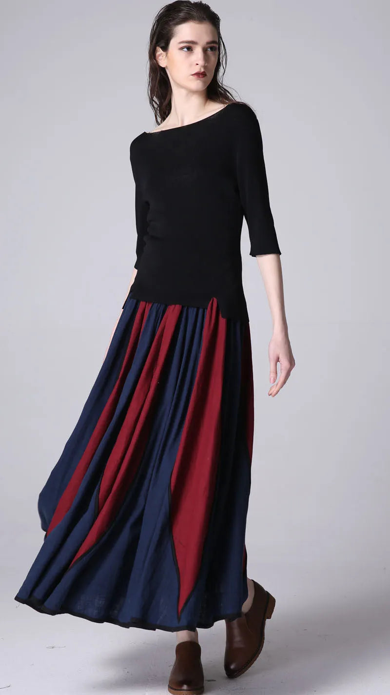 Royal Blue Red Patchwork Linen Maxi Skirt - Elastic Waist 