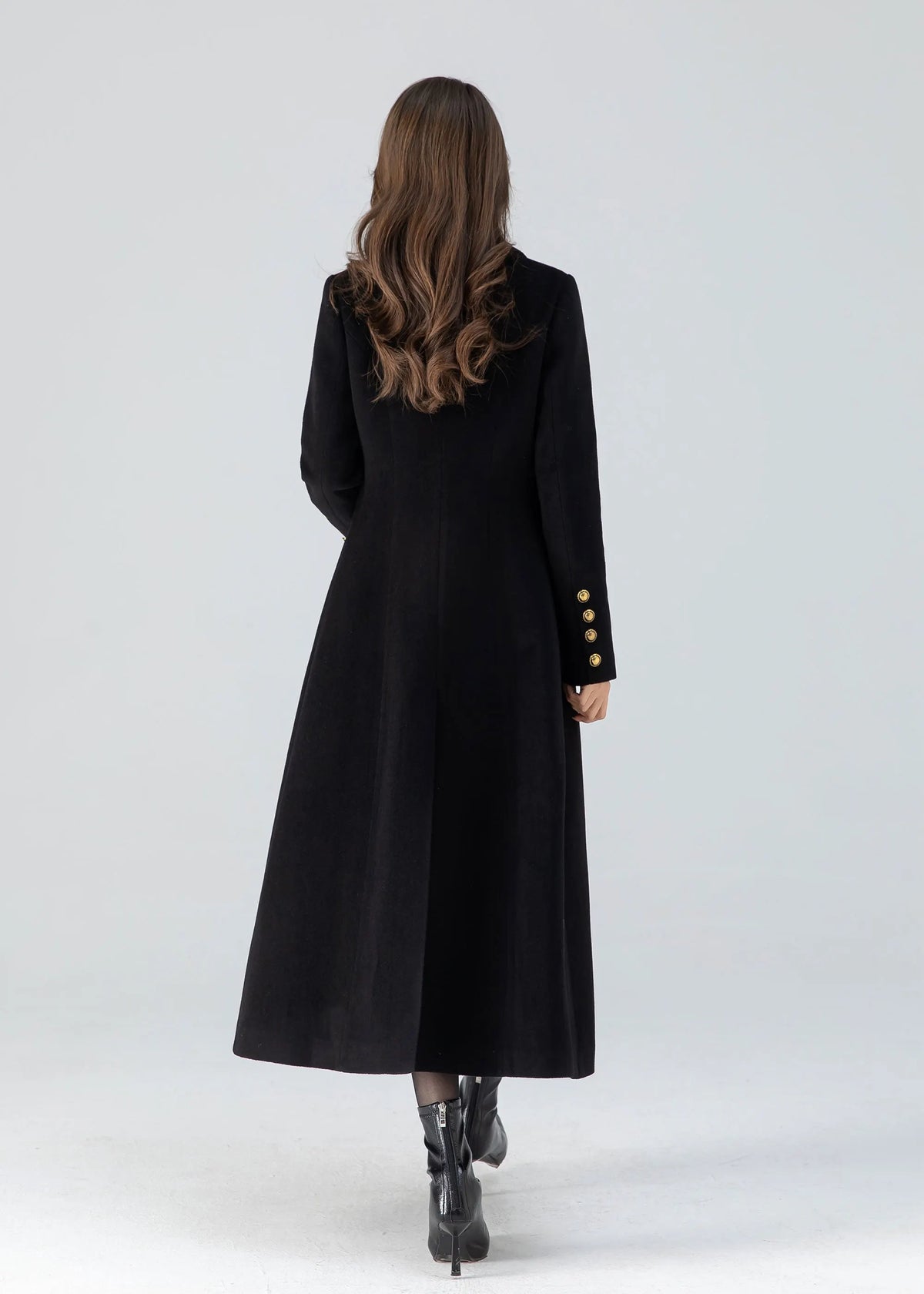 Black Wool Midi Coat - A-Line Swing Fit with Gold Button Detail 4783
