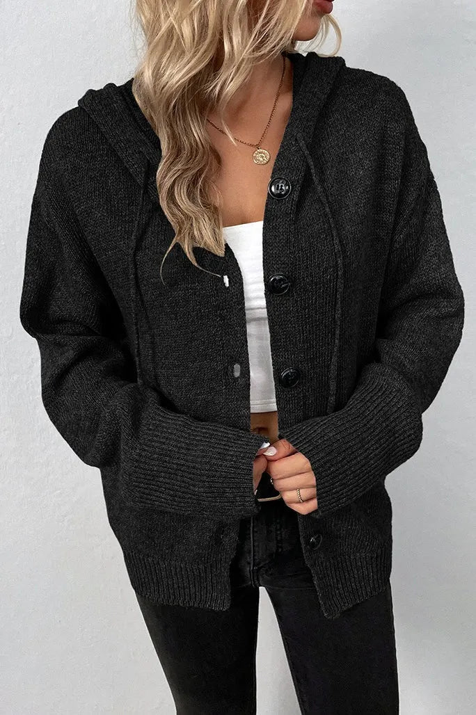 Hooded Drawstring Button Front Knit Cardigan