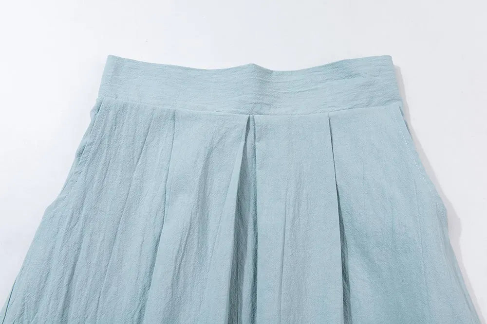 Mint Green Linen Midi Skirt - Elastic Waist with Seam Pockets 1898