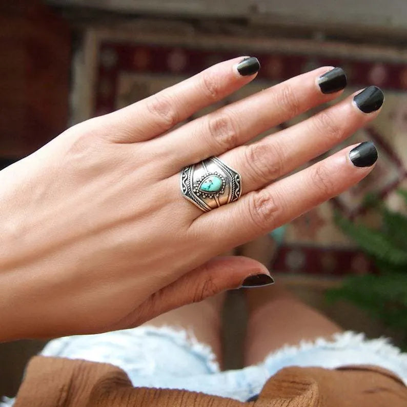 Bohemian Vintage Turquoise Teardrop Shape Irregular Ring