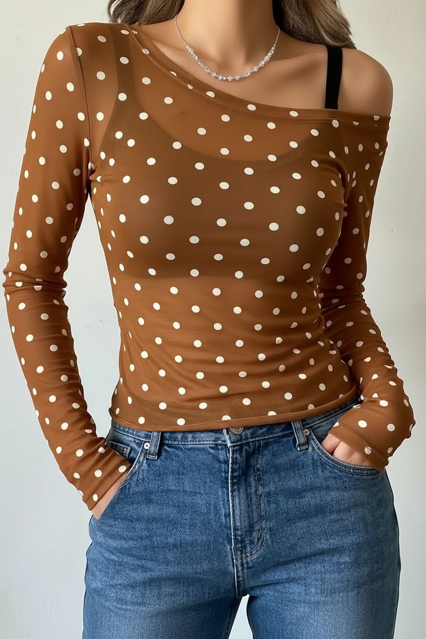 Polka Dot Cold Shoulder Long Sleeve Top