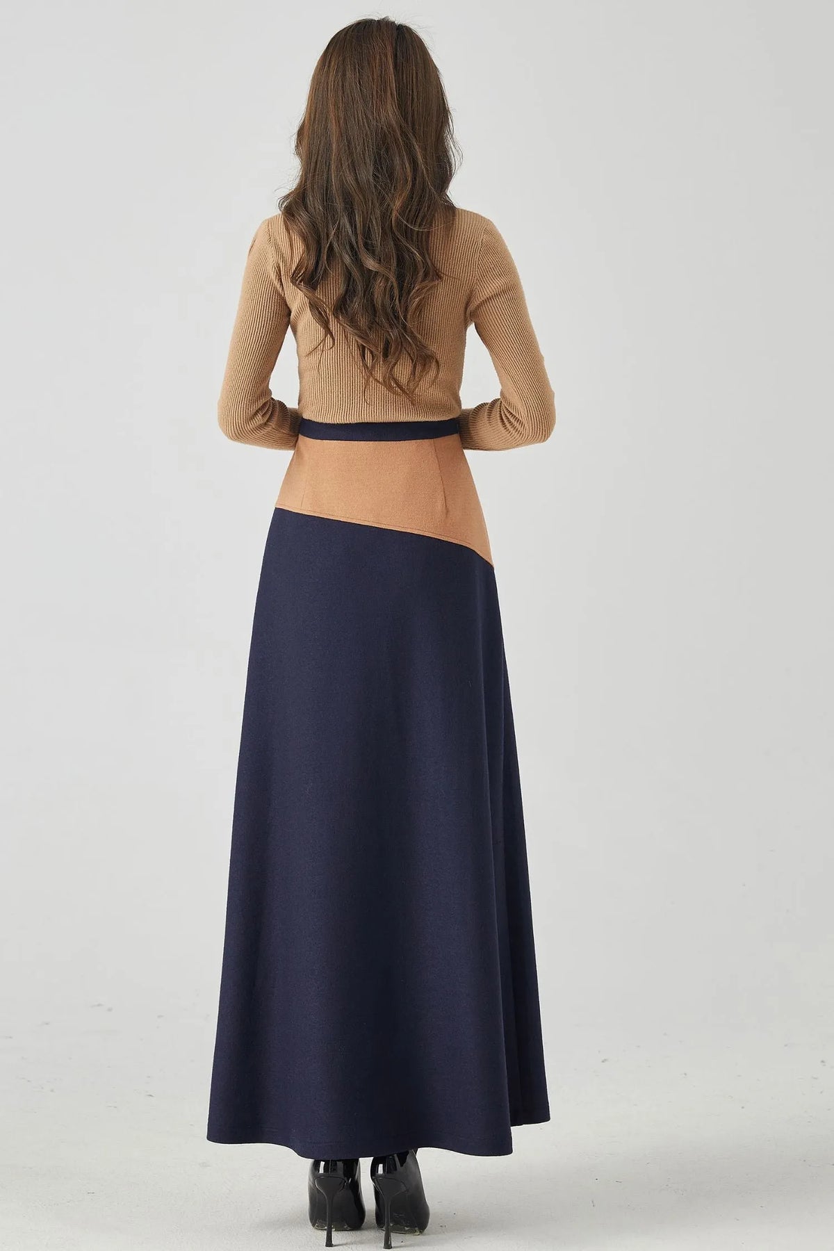 Camel and Navy Wool A-Line Maxi Skirt - Patchwork Slimming Fit 4537