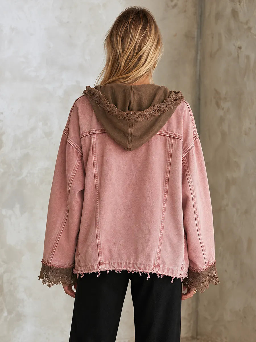Oversized Washed Pink Hooded and Frayed Lace Trim Denim Jacket