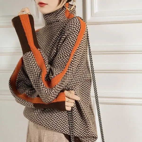 JANELLE – HERRINGBONE HIGH-NECK SWEATER