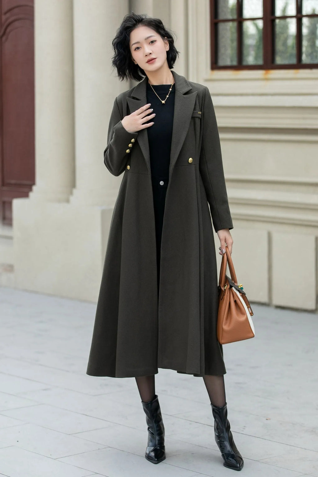 Army Green Wool Fit and Flare Double Breasted Coat - Fitted Waist 5459