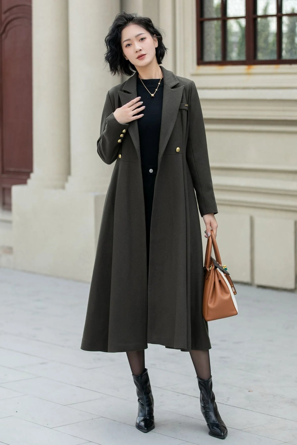 Army Green Wool Fit and Flare Double Breasted Coat - Fitted Waist 5459