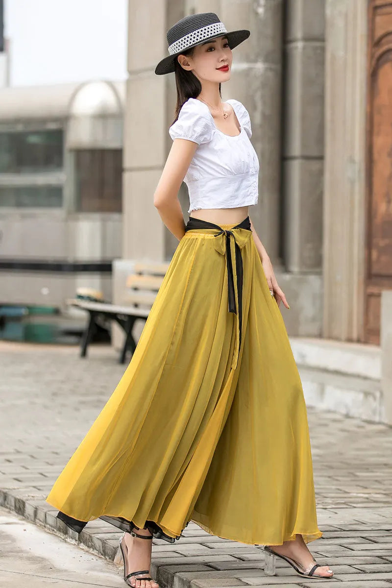 Yellow Chiffon Maxi Skirt - Reversible Big Swing with Elastic Waist 3010