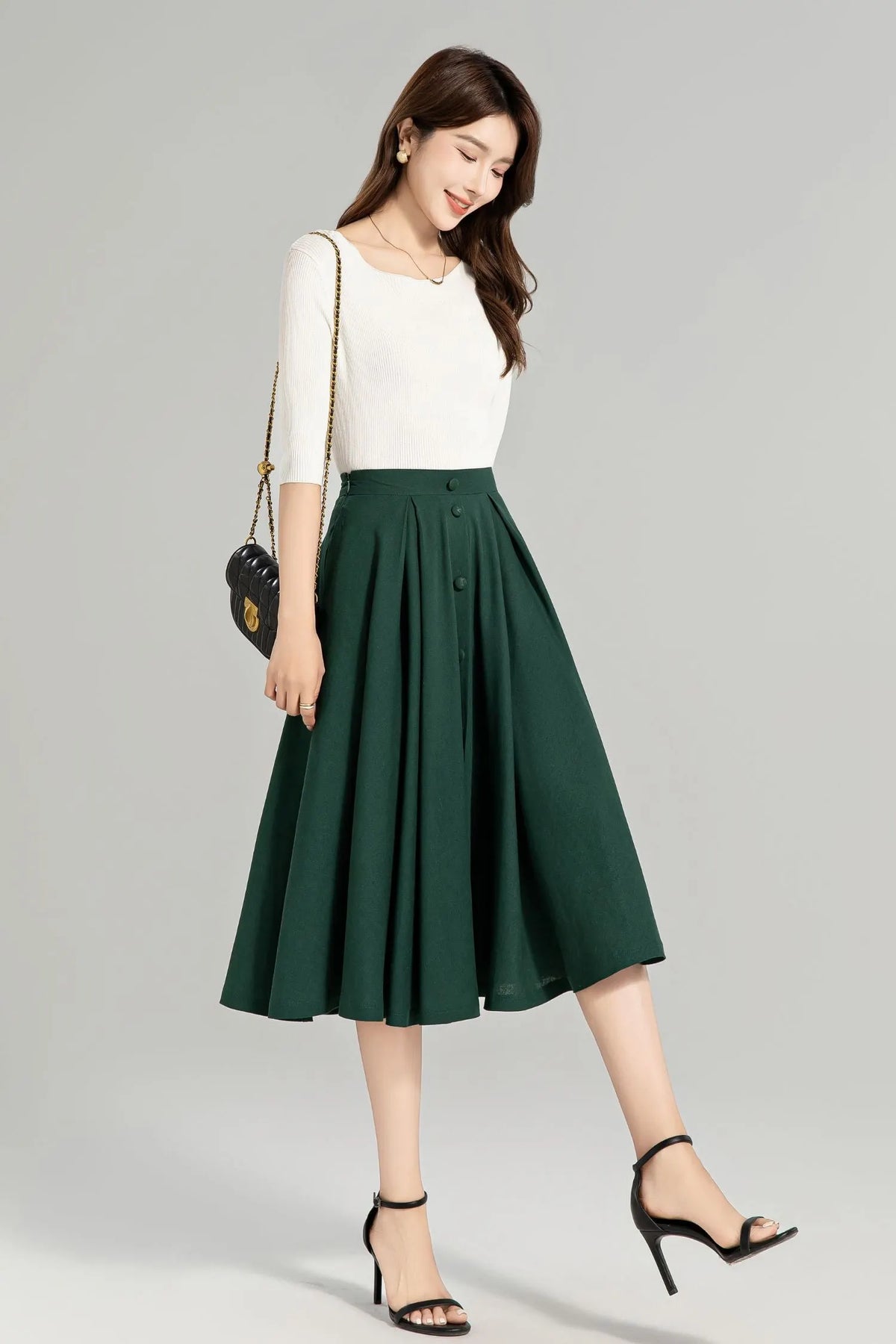 Dark Green Linen-Cotton Midi Skirt - A-Line Silhouette, Button-Down Detail 4963