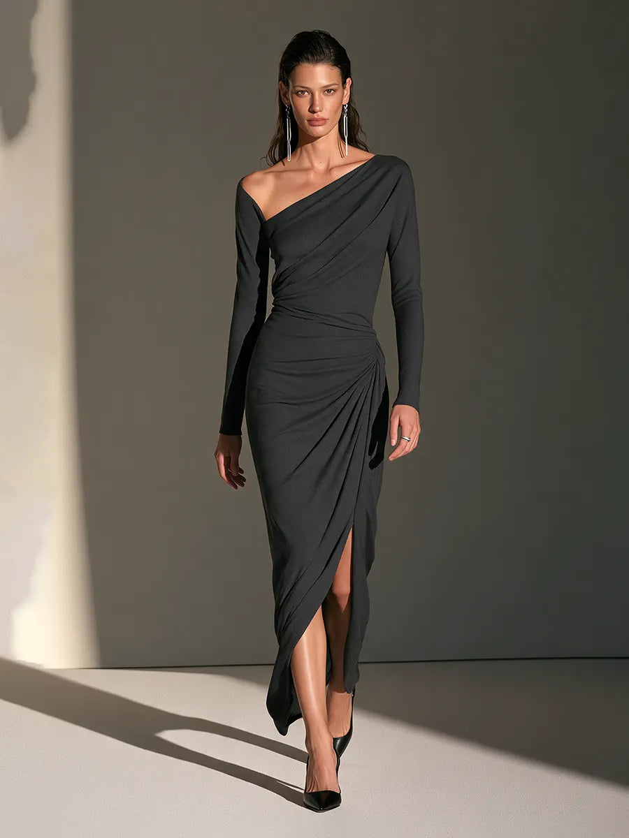 Women's Asymmetric-Neck Long-Sleeve Ruched Slit Bodycon Maxi Dress MDZ2748H8CMX