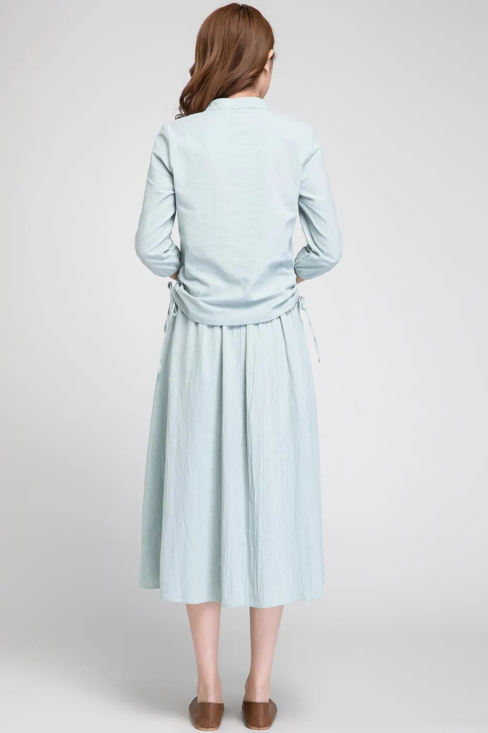 Mint Green Linen Midi Skirt - Elastic Waist with Seam Pockets 1898
