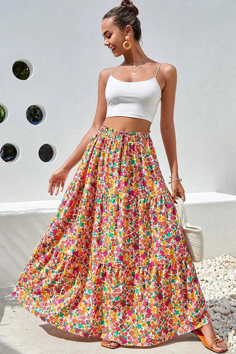 Bohemian Maxi Skirts High Waist Colorful Printed Loose A-line