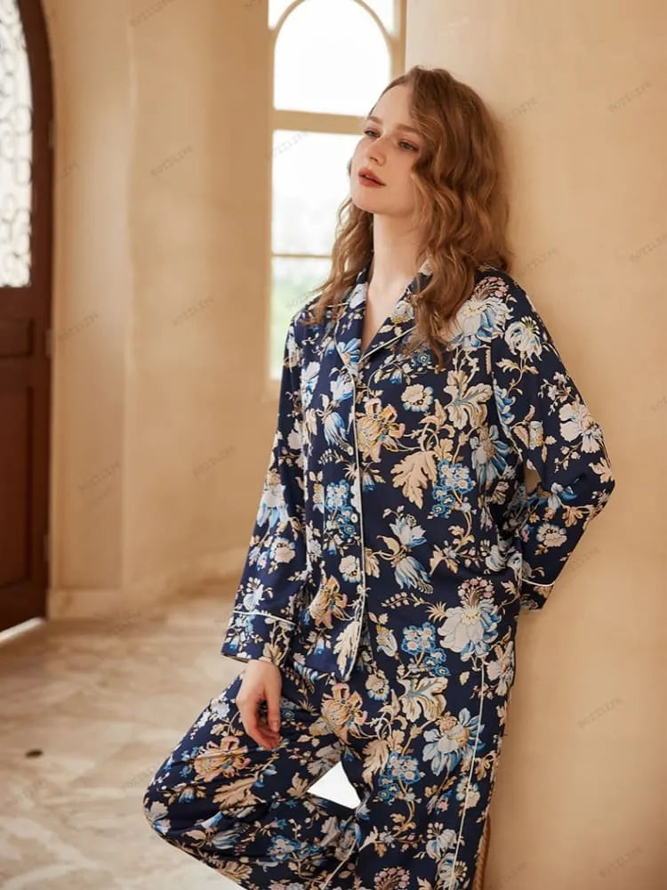 Begonia Flower Print Long-Sleeve Pajama Loungewear Set
