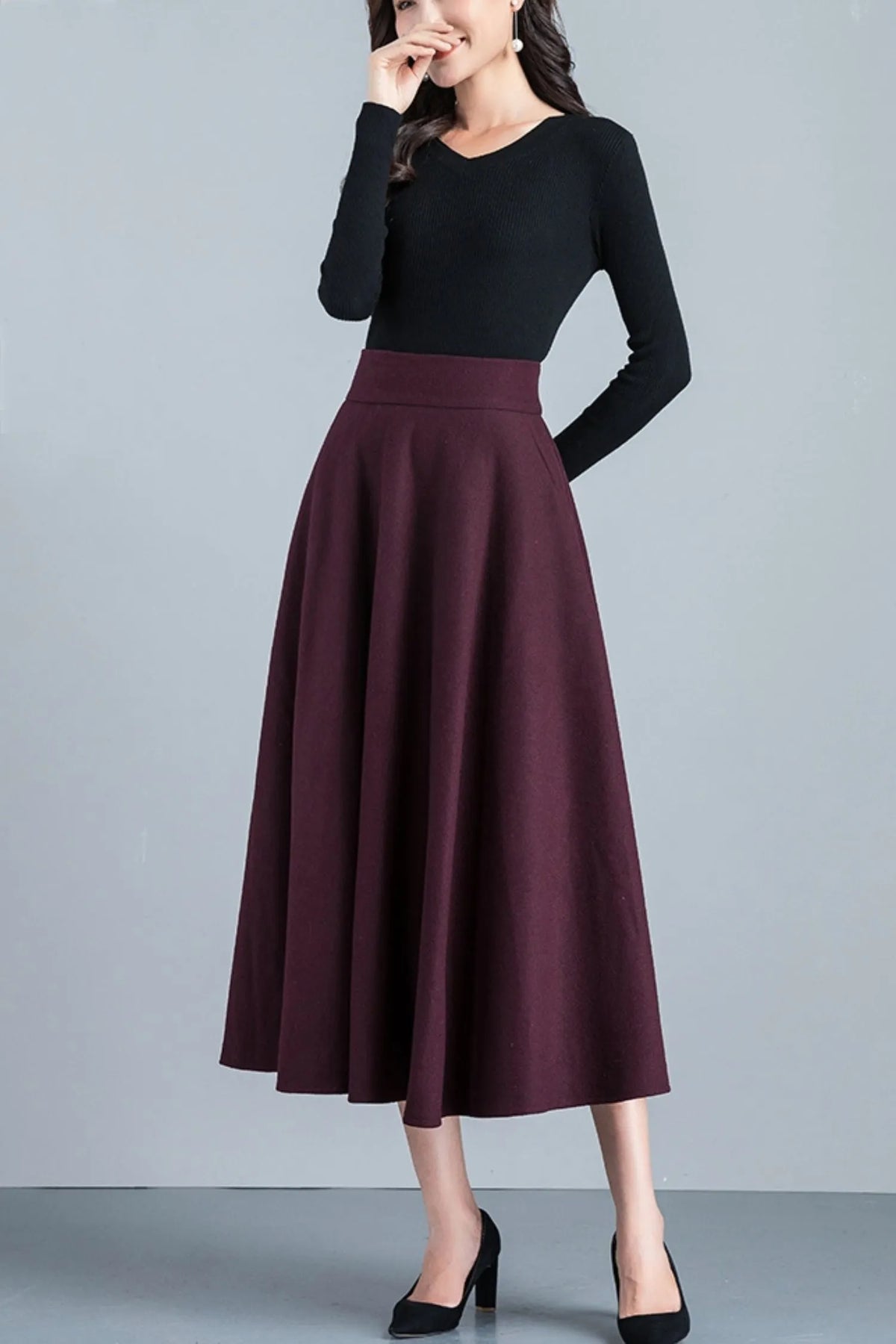 Handmade Wool Midi Skirt – Vintage A-Line High Waist with Pockets 6212