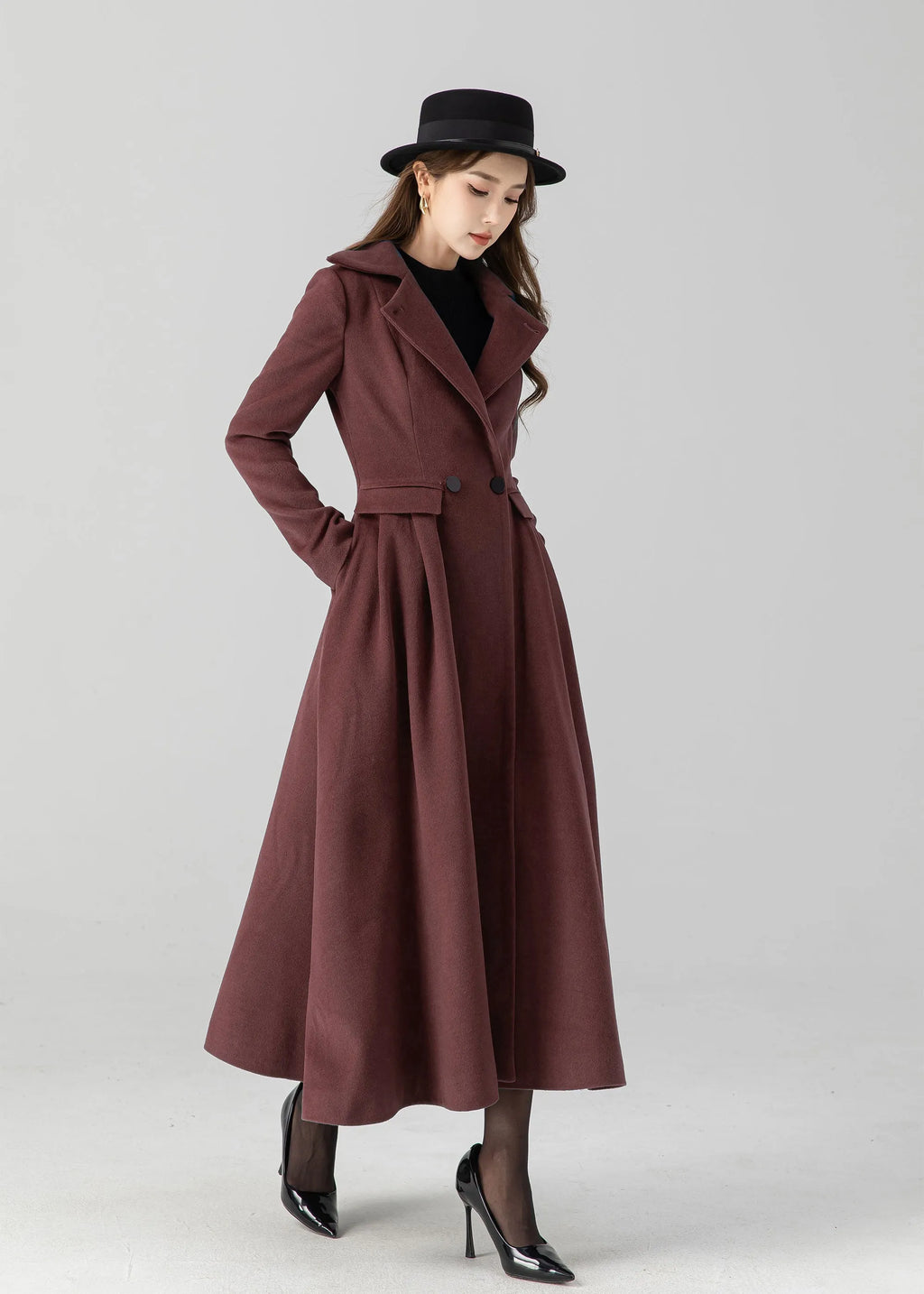 Burgundy Wool Long Coat - Vintage Inspired A-Line Swing 5506
