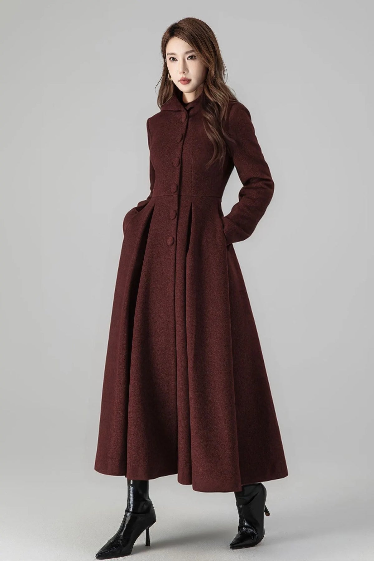 Burgundy Hooded Wool Maxi Coat – Vintage Swing Long Winter Overcoat 5242