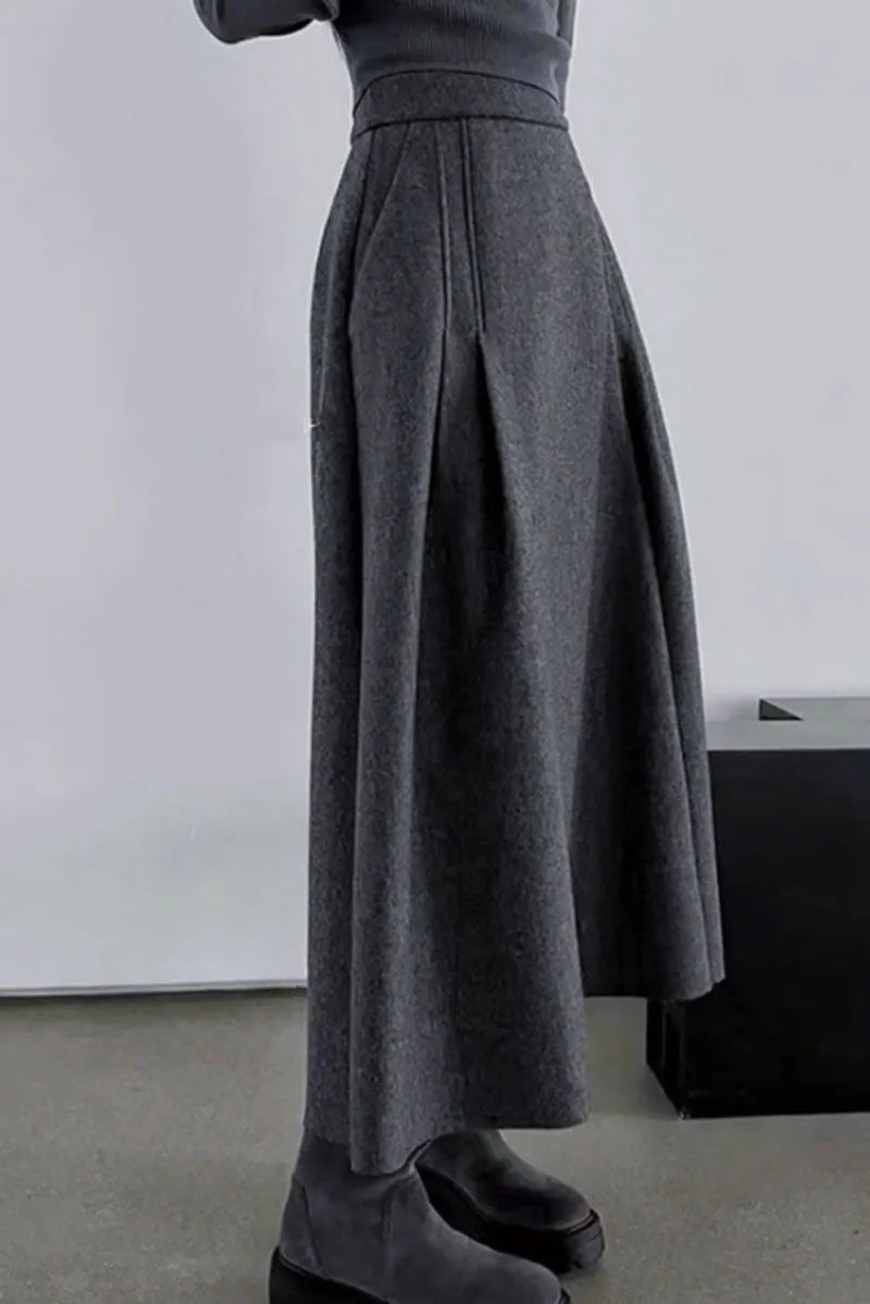Gray Wool Maxi Skirt - A-Line Silhouette with Pockets 4757