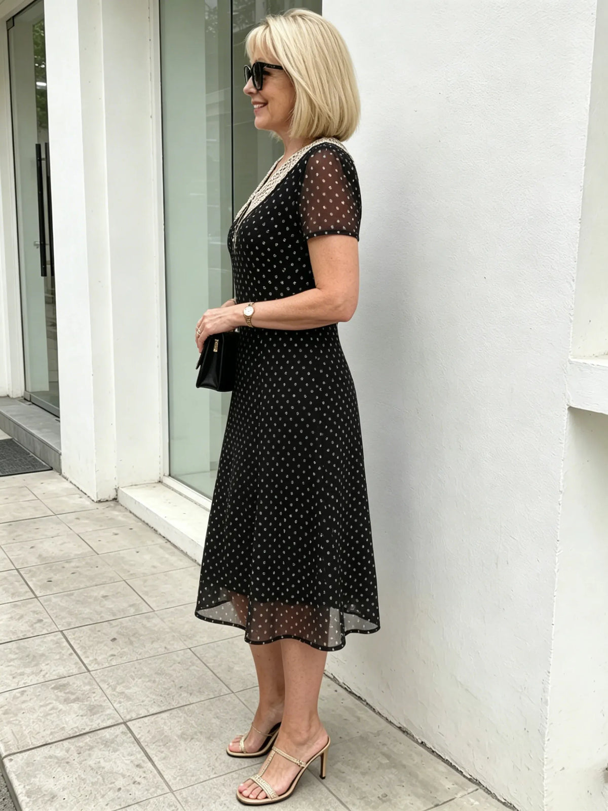 Black Polka Dot Mesh Midi Dress, Lace Peter Pan Collar Short Sleeve Elastic Waist Tummy Concealing Slimming Temperament 
