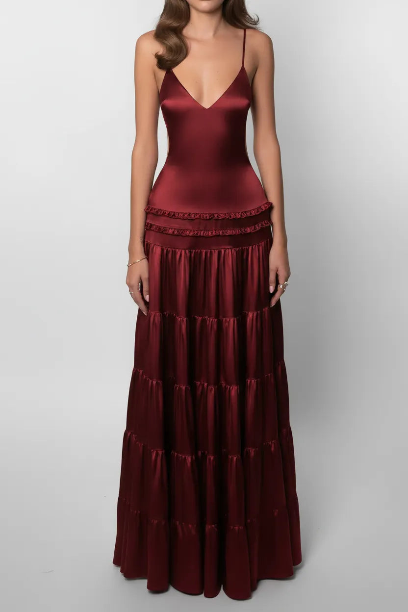 Deep V Backless Tiered Satin Maxi Dress